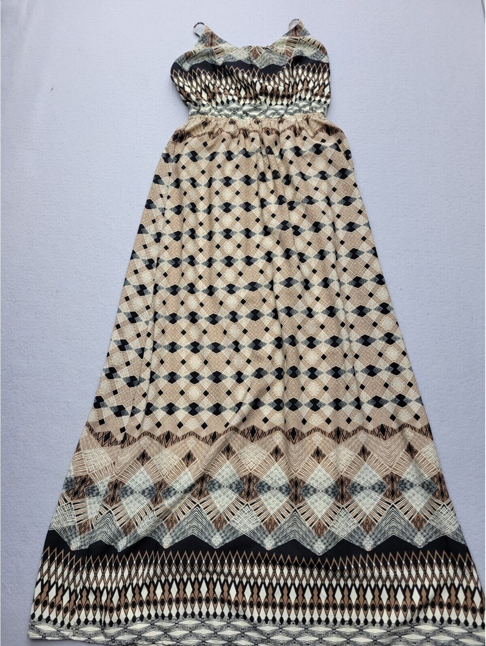 Final Touch Women's Dress Medium Brown Empire Maxi Sleeveless Printed Casual